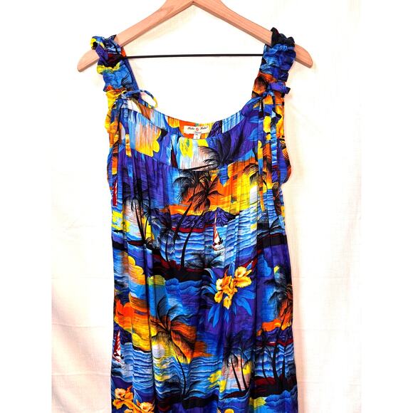 HULA HULA Hawaiian Print Dress Womens XL Midi Sleeveless Floral Beach Vacation - Picture 2 of 12